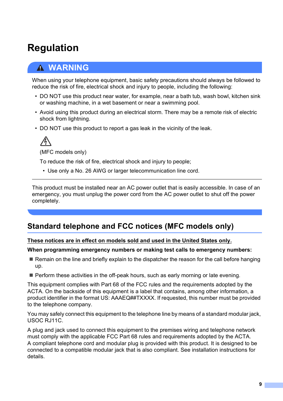 Regulation, Warning | Brother MFC-J280W User Manual | Page 9 / 16