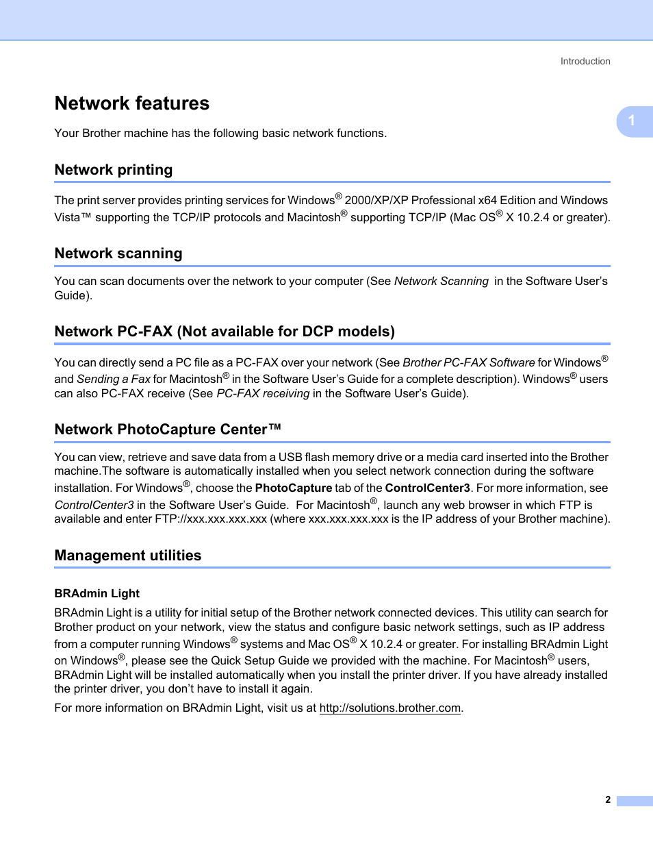 Network features, Network printing, Network scanning | Network pc-fax (not available for dcp models), Network photocapture center, Management utilities | Brother MFC-685CW User Manual | Page 10 / 136
