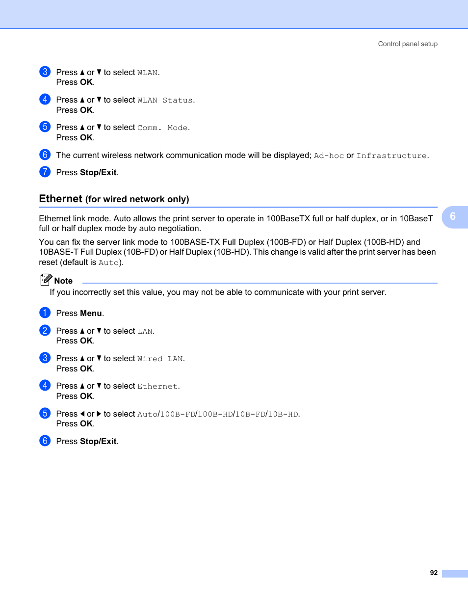 Ethernet (for wired network only) | Brother MFC-685CW User Manual | Page 100 / 136