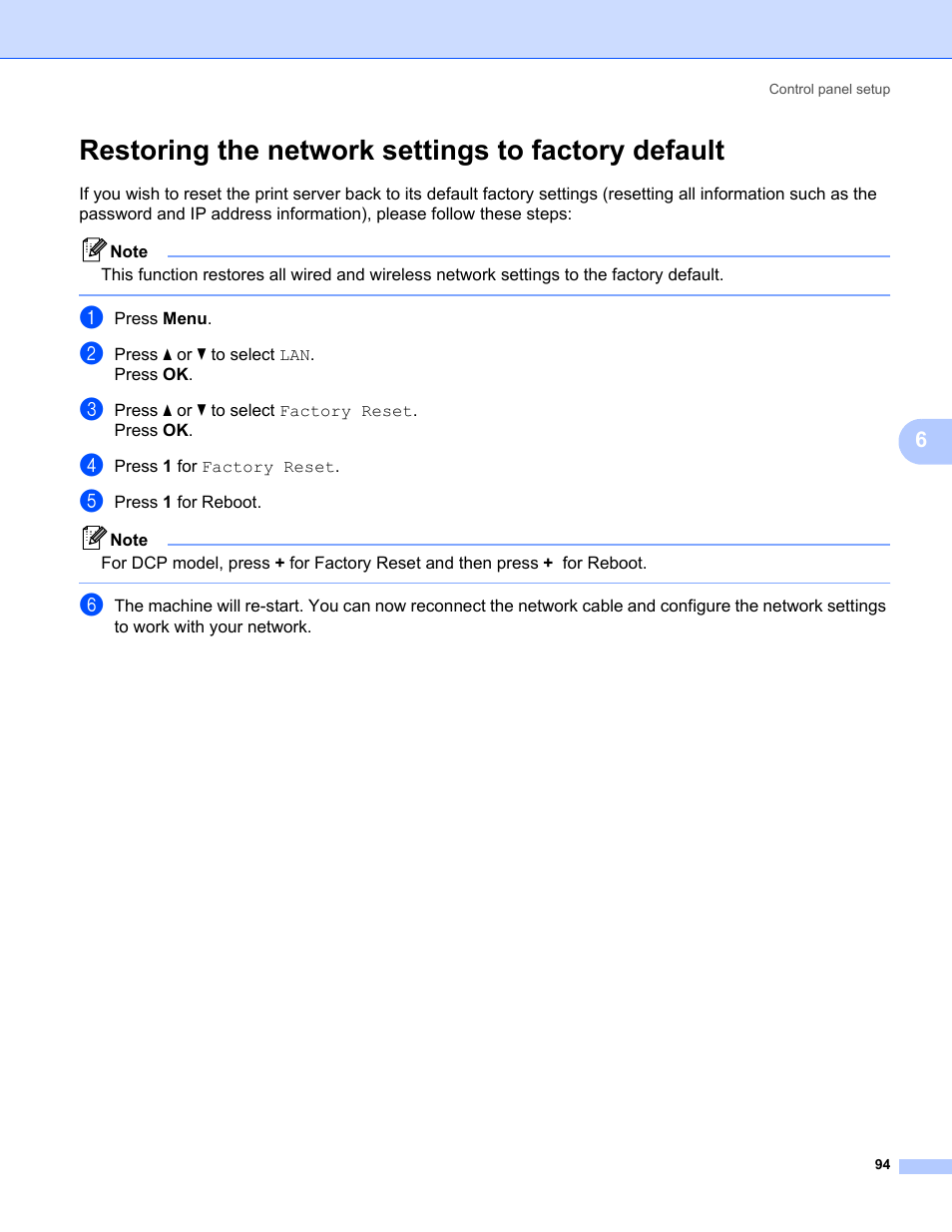 Restoring the network settings to factory default | Brother MFC-685CW User Manual | Page 102 / 136