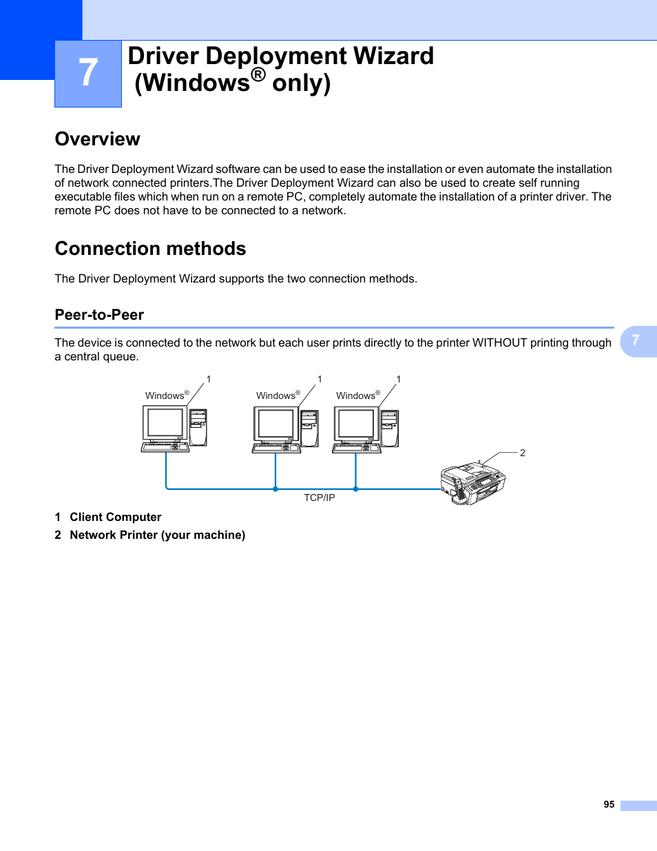 7 driver deployment wizard (windows® only), Overview, Connection methods | Peer-to-peer, Driver deployment wizard (windows, Overview connection methods, Only) | Brother MFC-685CW User Manual | Page 103 / 136