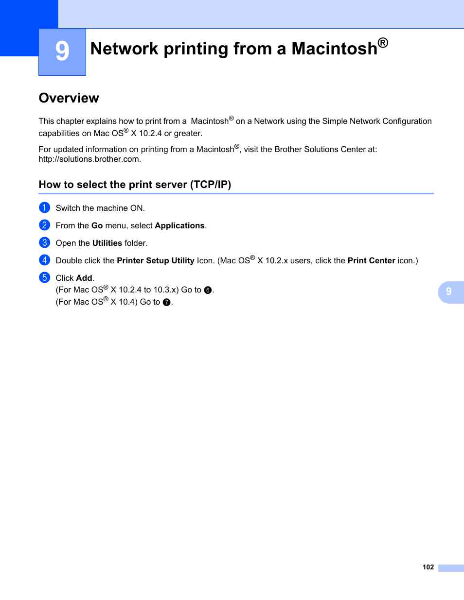 9 network printing from a macintosh, Overview, How to select the print server (tcp/ip) | Network printing from a macintosh | Brother MFC-685CW User Manual | Page 110 / 136