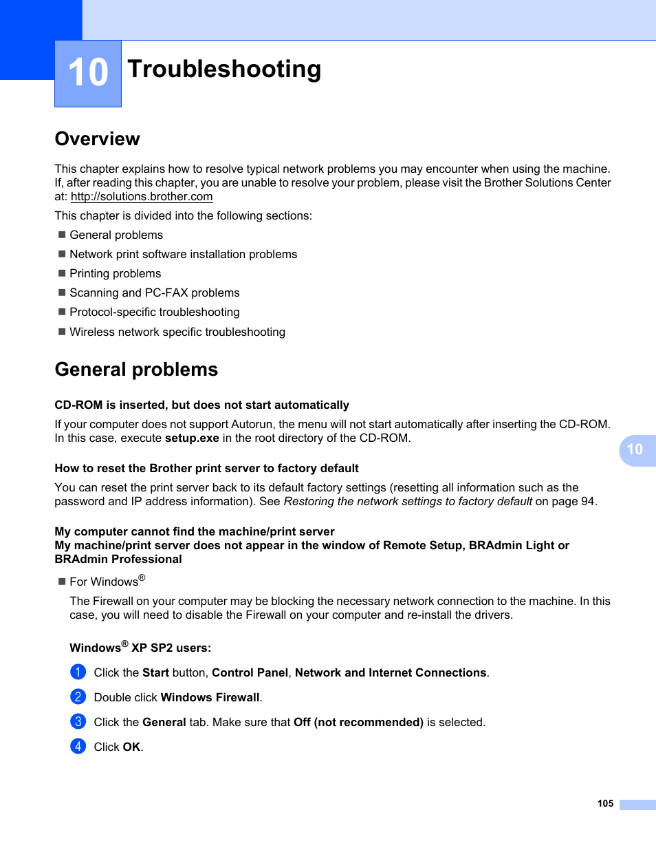 10 troubleshooting, Overview, General problems | Troubleshooting, Overview general problems | Brother MFC-685CW User Manual | Page 113 / 136