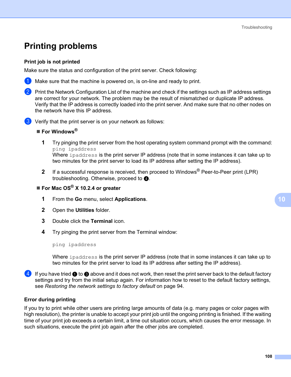 Printing problems | Brother MFC-685CW User Manual | Page 116 / 136