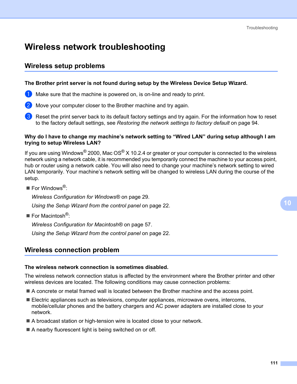 Wireless network troubleshooting, Wireless setup problems, Wireless connection problem | Wireless network, A to | Brother MFC-685CW User Manual | Page 119 / 136