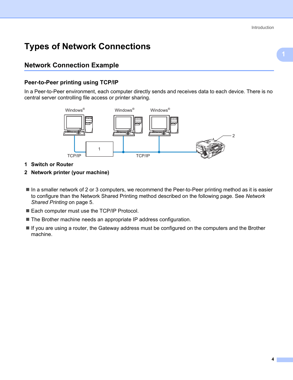 Types of network connections, Network connection example, Peer-to-peer printing using tcp/ip | Brother MFC-685CW User Manual | Page 12 / 136