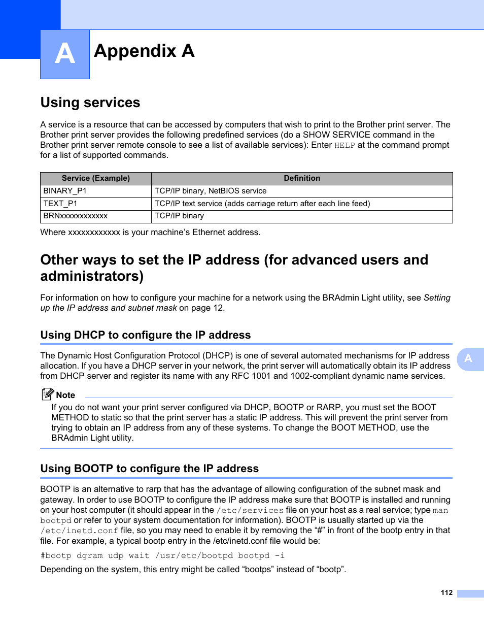 Appendix a, Using services, Using dhcp to configure the ip address | Using bootp to configure the ip address | Brother MFC-685CW User Manual | Page 120 / 136