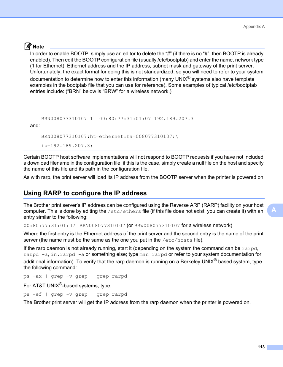 Using rarp to configure the ip address | Brother MFC-685CW User Manual | Page 121 / 136