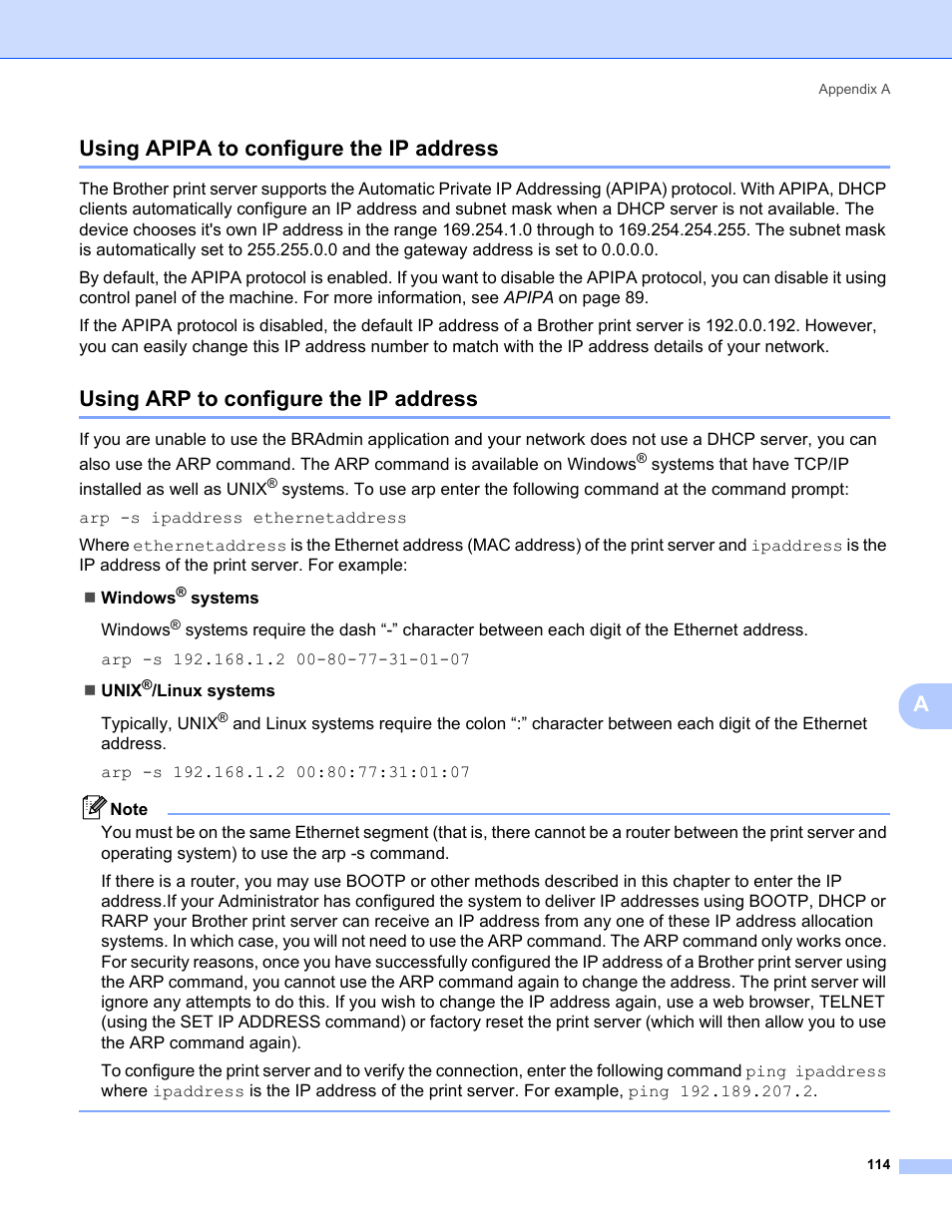 Using apipa to configure the ip address, Using arp to configure the ip address, Ausing apipa to configure the ip address | Brother MFC-685CW User Manual | Page 122 / 136