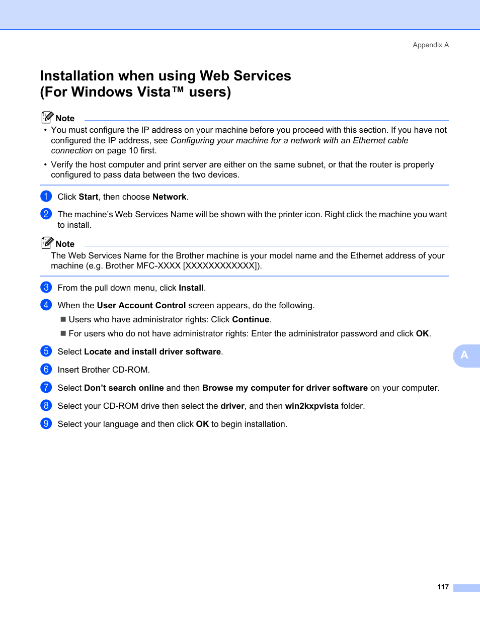 Installation when using web services, For windows vista™ users) | Brother MFC-685CW User Manual | Page 125 / 136