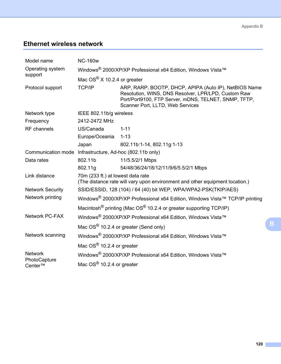 Ethernet wireless network, Bethernet wireless network | Brother MFC-685CW User Manual | Page 128 / 136