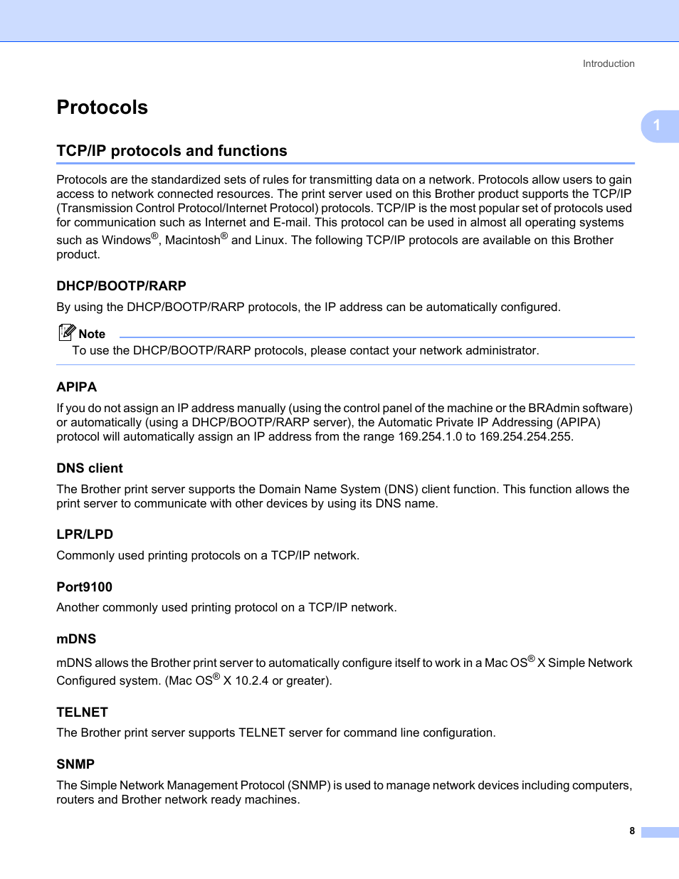 Protocols, Tcp/ip protocols and functions, Dhcp/bootp/rarp | Apipa, Dns client, Lpr/lpd, Port9100, Mdns, Telnet, Snmp | Brother MFC-685CW User Manual | Page 16 / 136