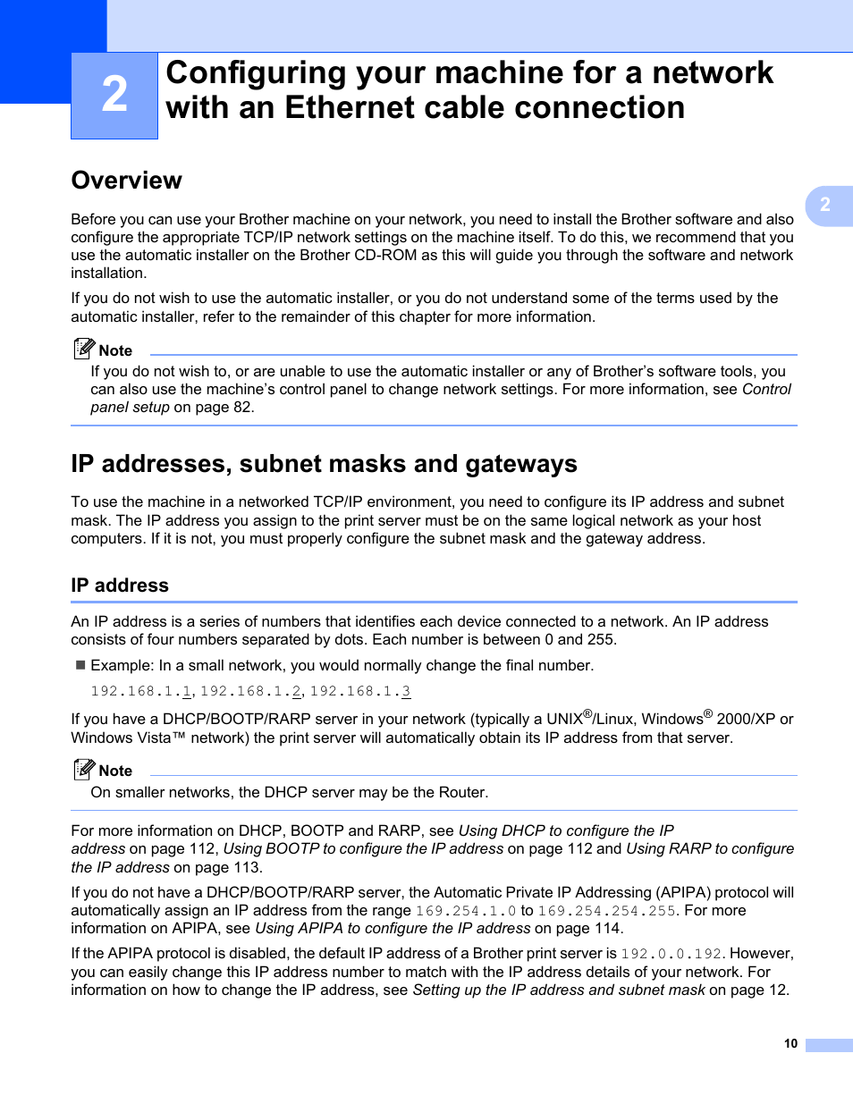 Overview, Ip addresses, subnet masks and gateways, Ip address | Overview ip addresses, subnet masks and gateways | Brother MFC-685CW User Manual | Page 18 / 136