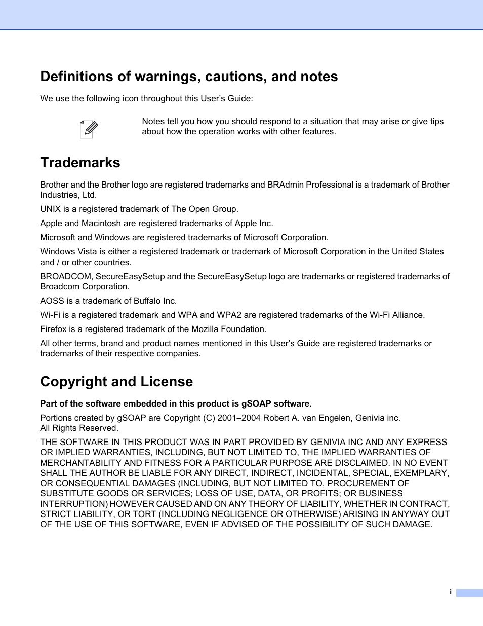 Trademarks, Copyright and license | Brother MFC-685CW User Manual | Page 2 / 136