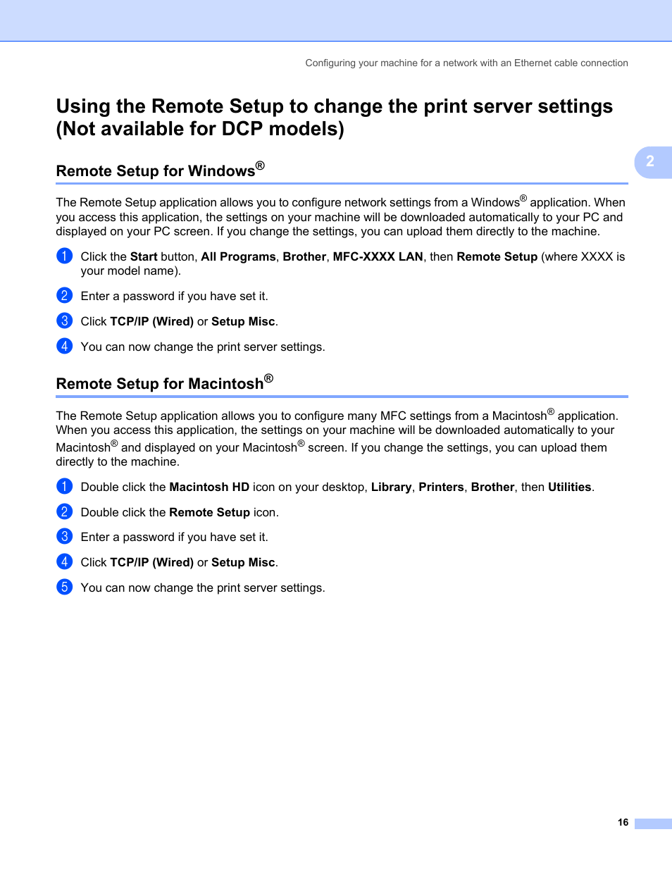 Remote setup for windows, Remote setup for macintosh, Not available for dcp models) | Brother MFC-685CW User Manual | Page 24 / 136