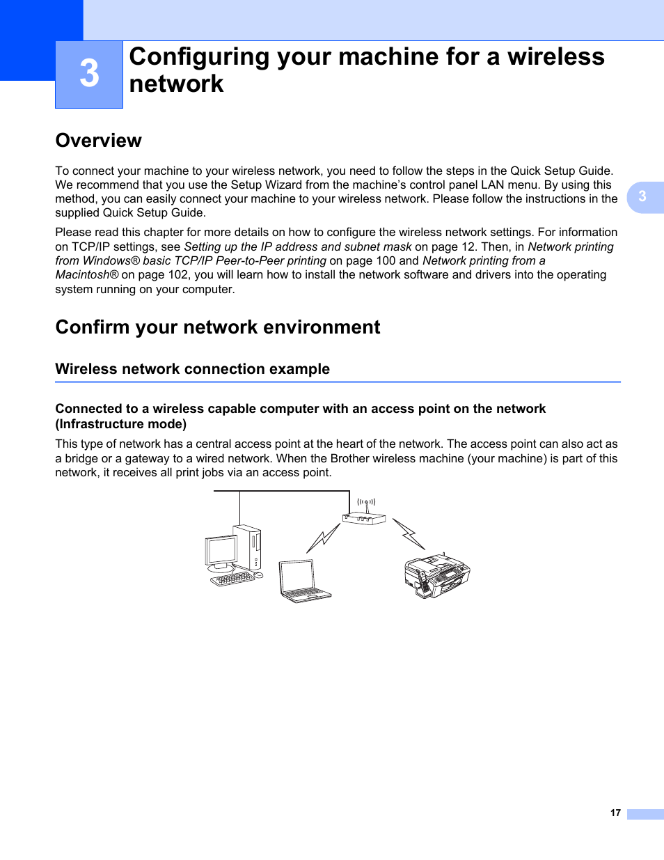3 configuring your machine for a wireless network, Overview, Confirm your network environment | Wireless network connection example, Configuring your machine for a wireless network, Overview confirm your network environment | Brother MFC-685CW User Manual | Page 25 / 136