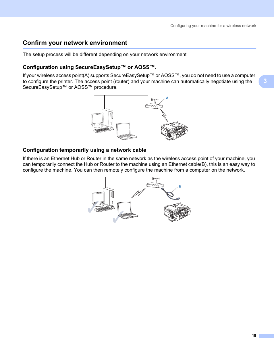 Confirm your network environment, Configuration using secureeasysetup™ or aoss, Configuration temporarily using a network cable | Brother MFC-685CW User Manual | Page 27 / 136