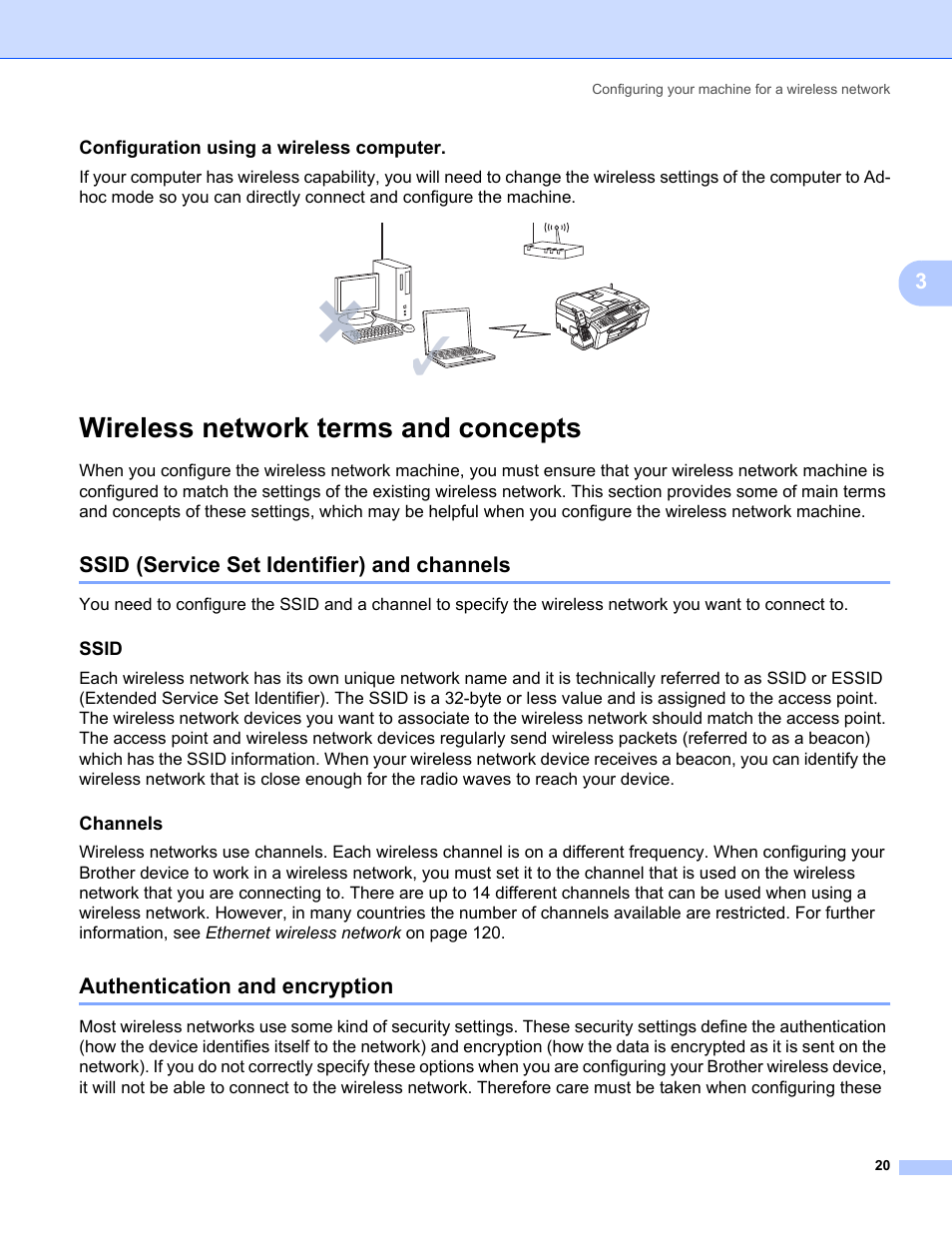 Configuration using a wireless computer, Wireless network terms and concepts, Ssid (service set identifier) and channels | Ssid, Channels, Authentication and encryption | Brother MFC-685CW User Manual | Page 28 / 136