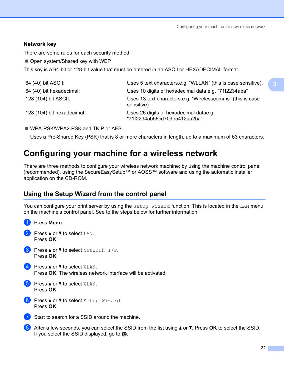 Network key, Configuring your machine for a wireless network, Using the setup wizard from the control panel | Brother MFC-685CW User Manual | Page 30 / 136