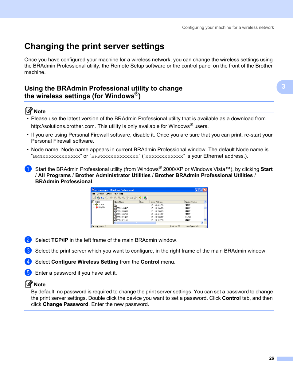 Changing the print server settings, Using the bradmin professional utility to change, The wireless settings (for windows | Brother MFC-685CW User Manual | Page 34 / 136