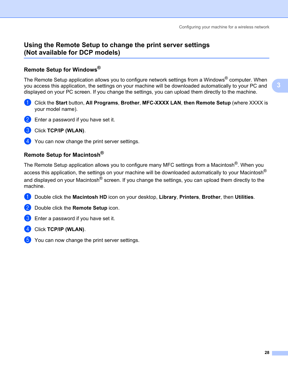 Remote setup for windows, Remote setup for macintosh, Not available for dcp models) | Brother MFC-685CW User Manual | Page 36 / 136