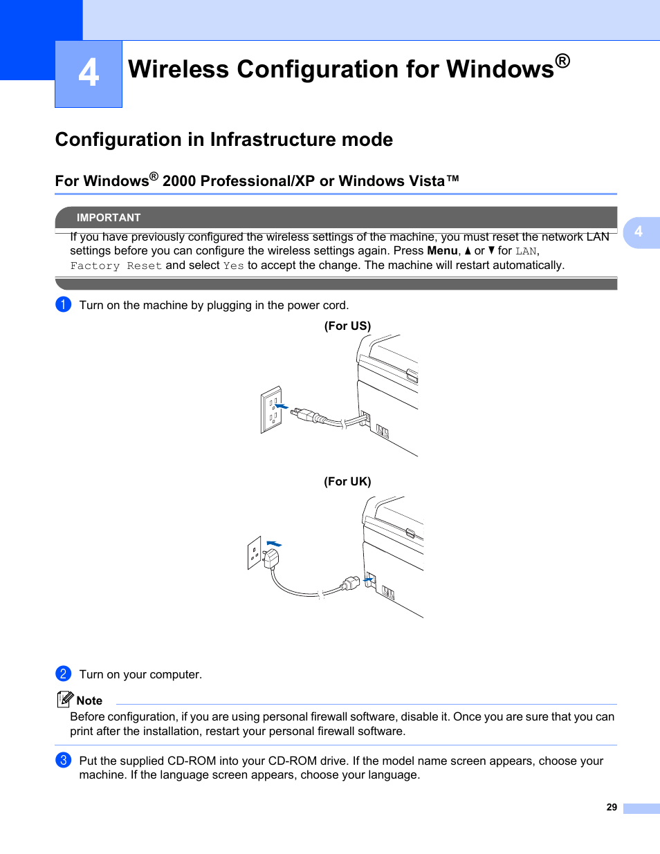 4 wireless configuration for windows, Configuration in infrastructure mode, For windows® 2000 professional/xp or windows vista | Wireless configuration for windows, For windows, 2000 professional/xp or windows vista | Brother MFC-685CW User Manual | Page 37 / 136
