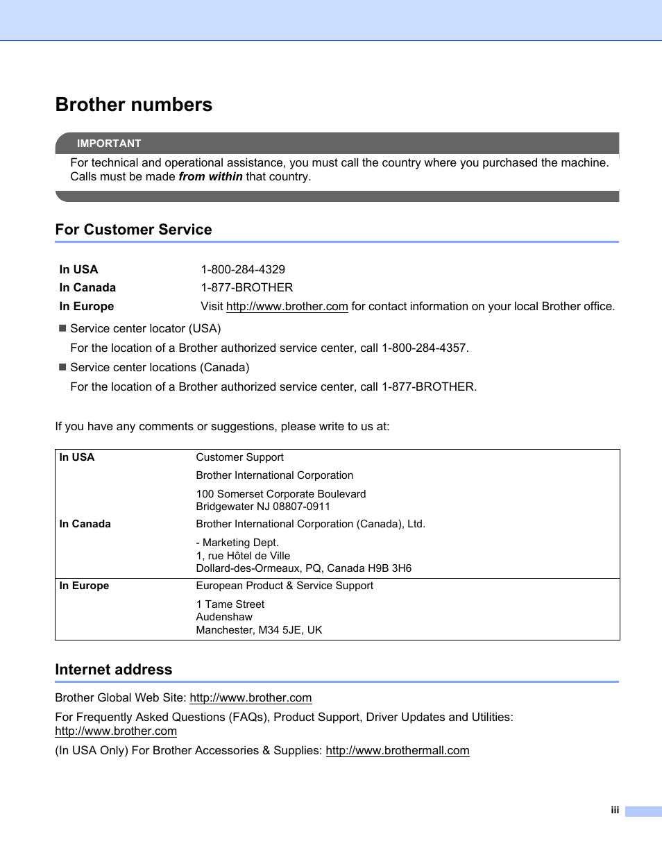 Brother numbers, For customer service, Internet address | Brother MFC-685CW User Manual | Page 4 / 136