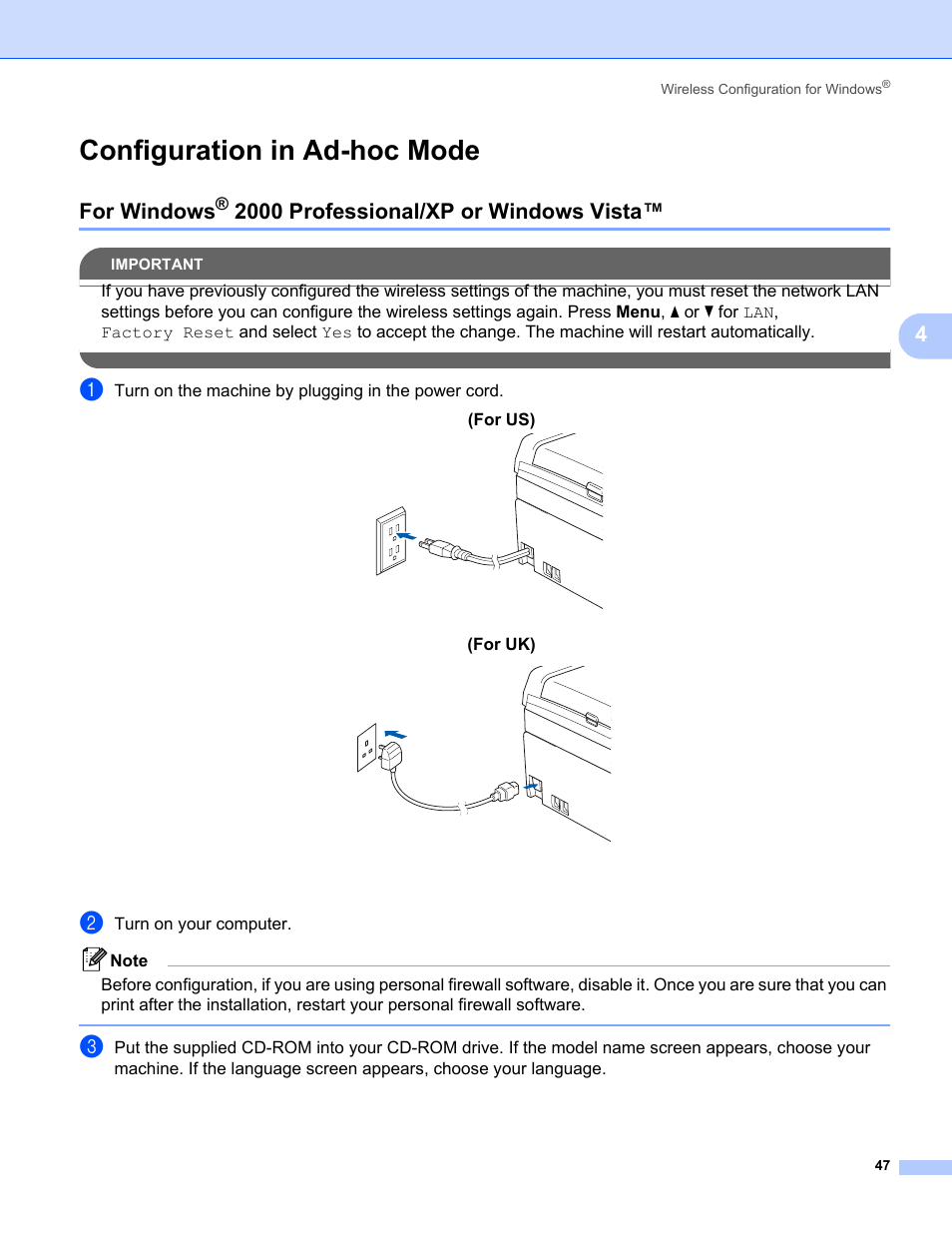 Configuration in ad-hoc mode, For windows® 2000 professional/xp or windows vista, For windows | 2000 professional/xp or windows vista | Brother MFC-685CW User Manual | Page 55 / 136