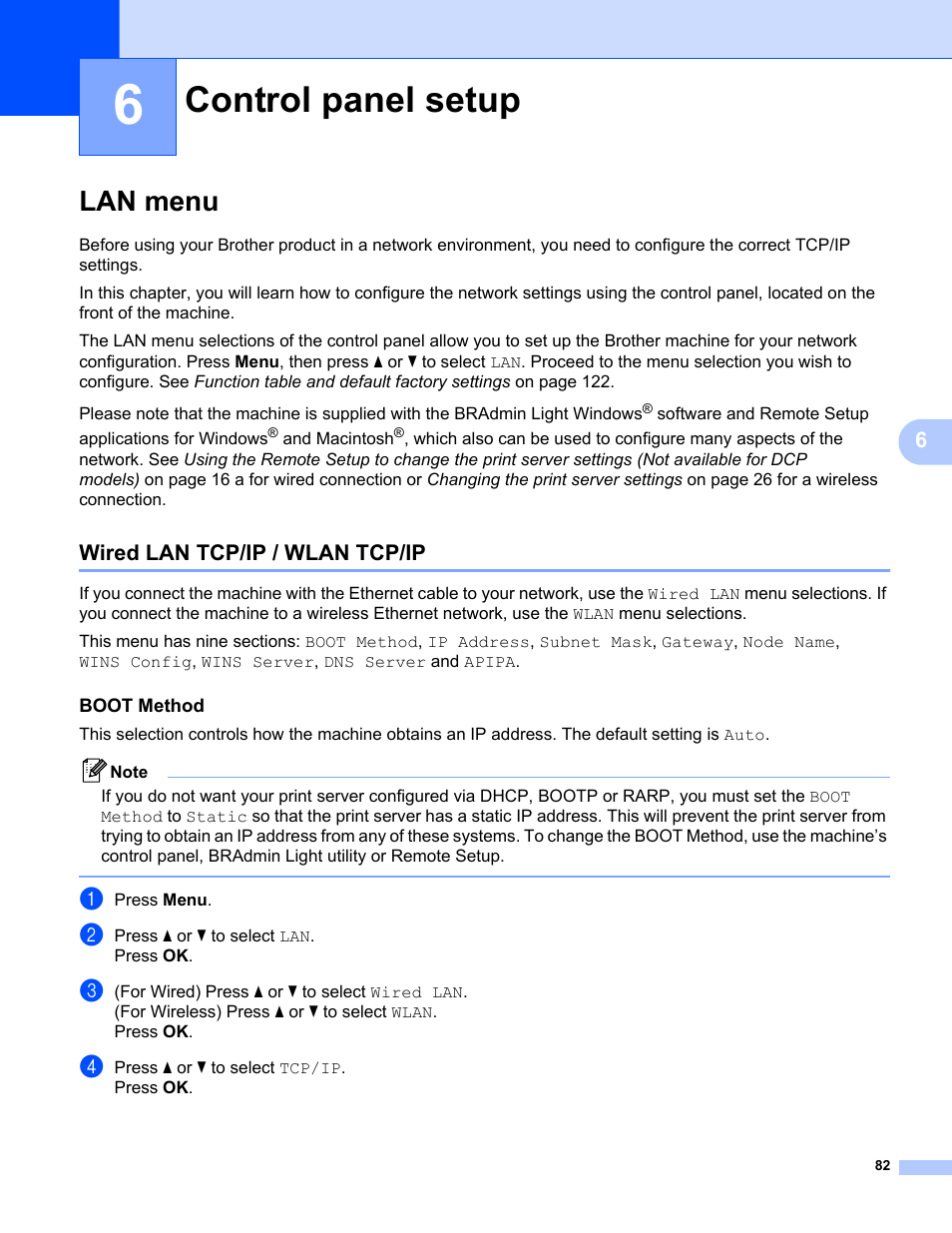 6 control panel setup, Lan menu, Wired lan tcp/ip / wlan tcp/ip | Boot method, Control panel setup | Brother MFC-685CW User Manual | Page 90 / 136