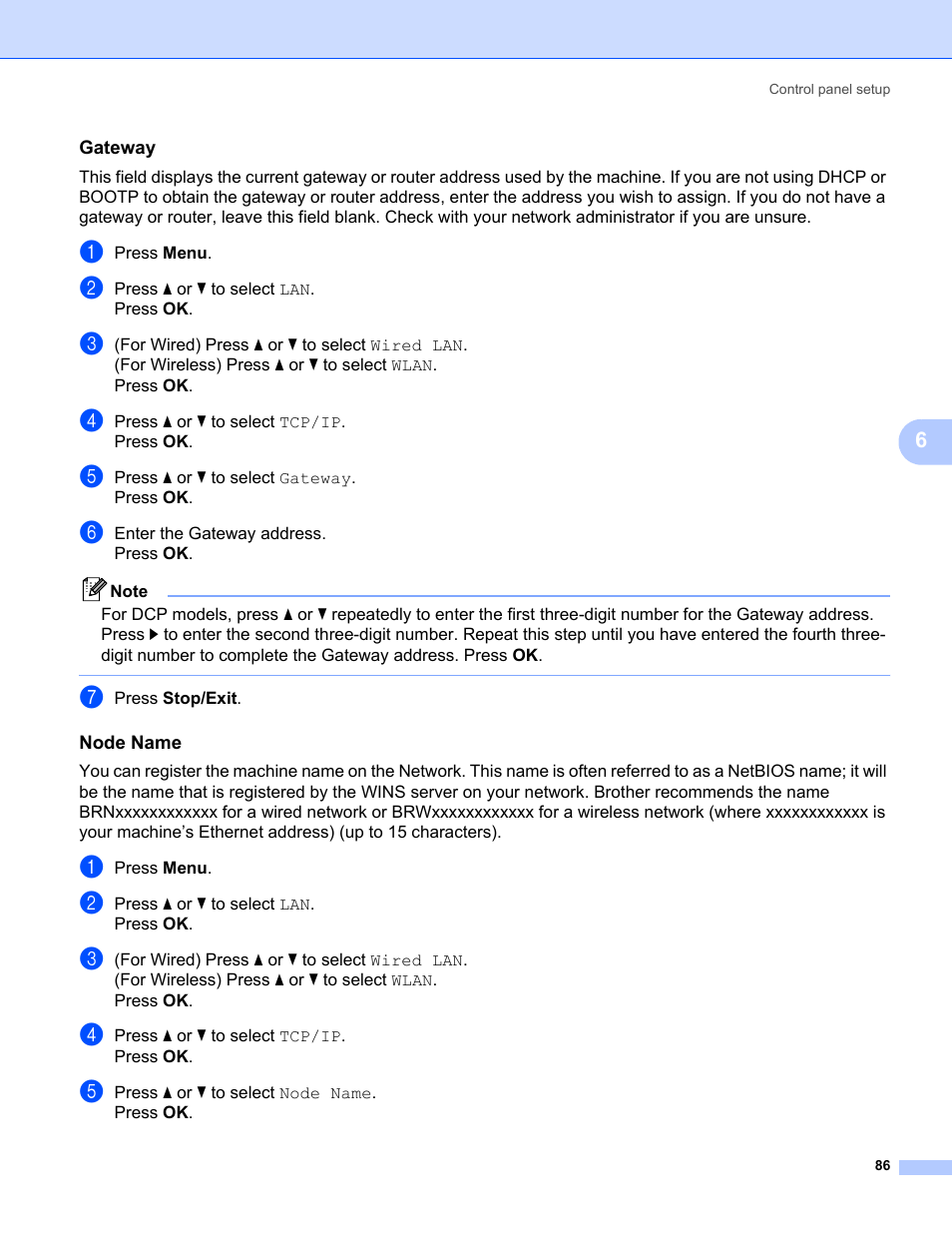 Gateway, Node name | Brother MFC-685CW User Manual | Page 94 / 136