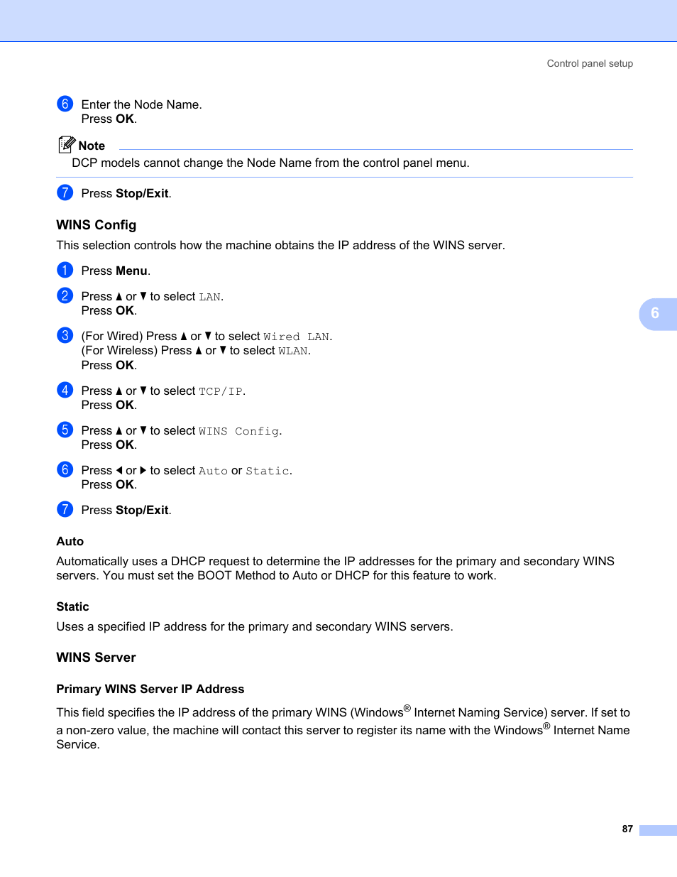 Wins config, Wins server | Brother MFC-685CW User Manual | Page 95 / 136