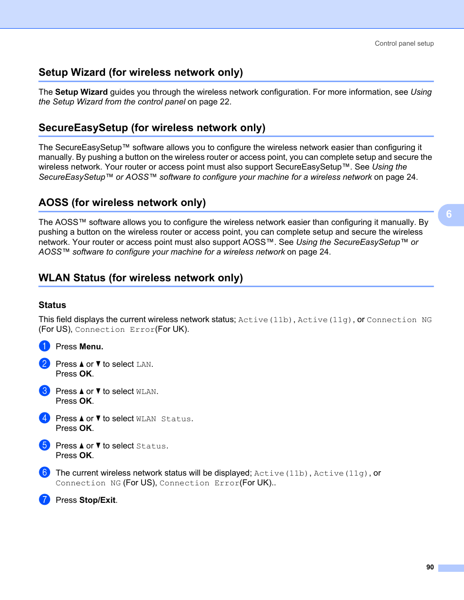 Setup wizard (for wireless network only), Secureeasysetup (for wireless network only), Aoss (for wireless network only) | Wlan status (for wireless network only), Status, 6setup wizard (for wireless network only) | Brother MFC-685CW User Manual | Page 98 / 136