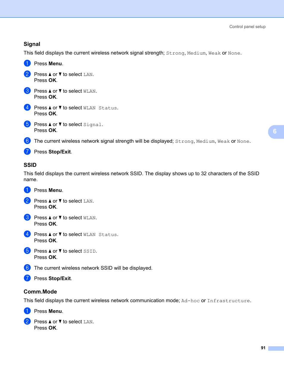 Signal, Ssid, Comm.mode | Brother MFC-685CW User Manual | Page 99 / 136