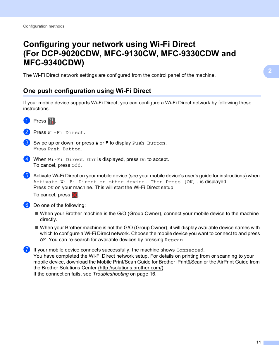 One push configuration using wi-fi direct, Configuring your network using wi-fi direct | Brother MFC-9130CW User Manual | Page 14 / 25