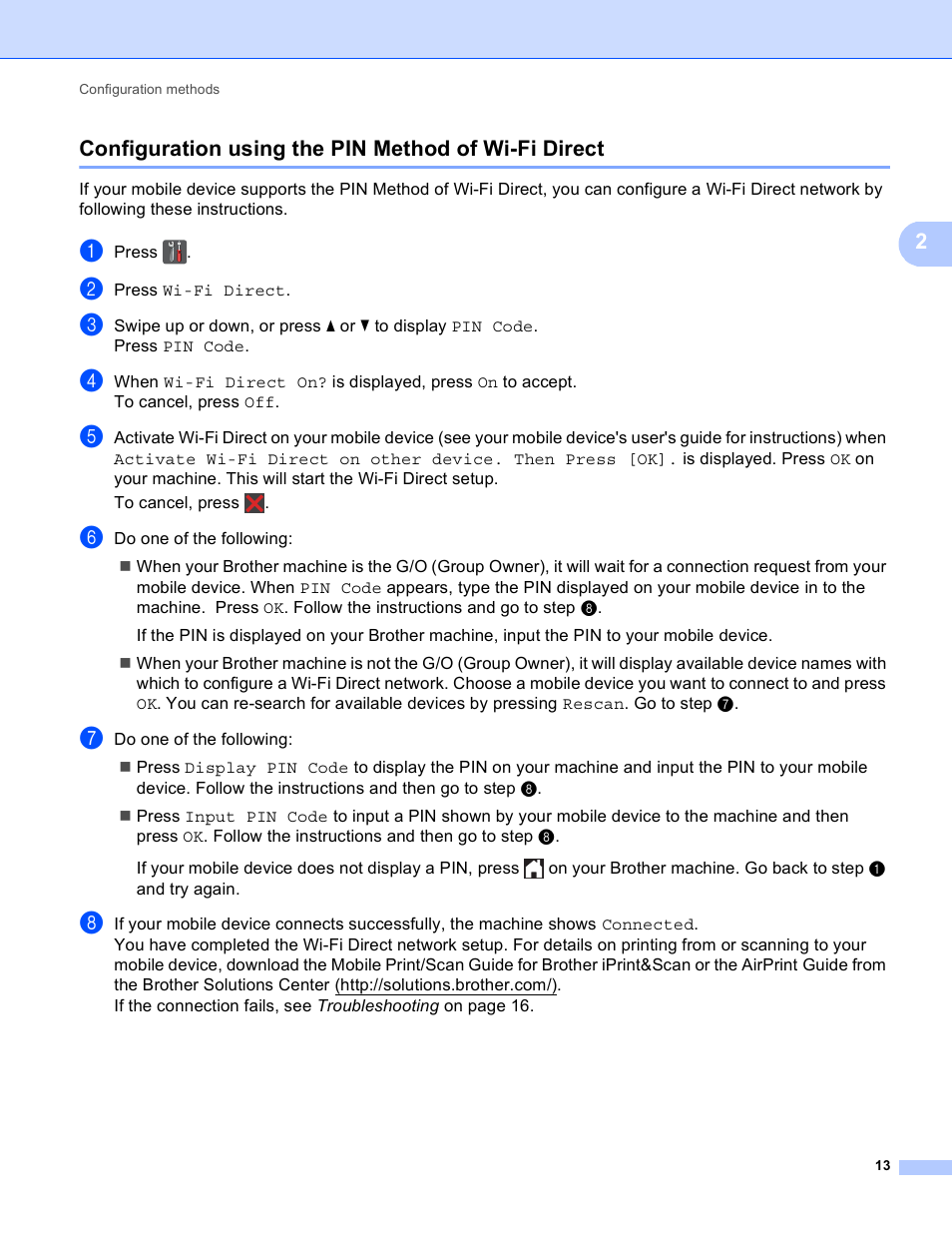 Configuration using the pin method of wi-fi direct | Brother MFC-9130CW User Manual | Page 16 / 25