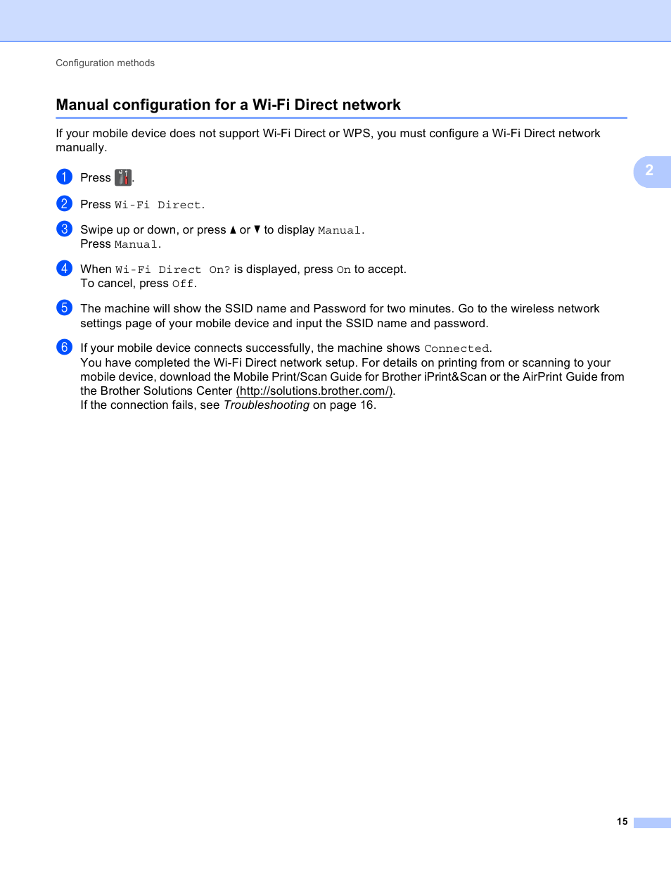 Manual configuration for a wi-fi direct network | Brother MFC-9130CW User Manual | Page 18 / 25
