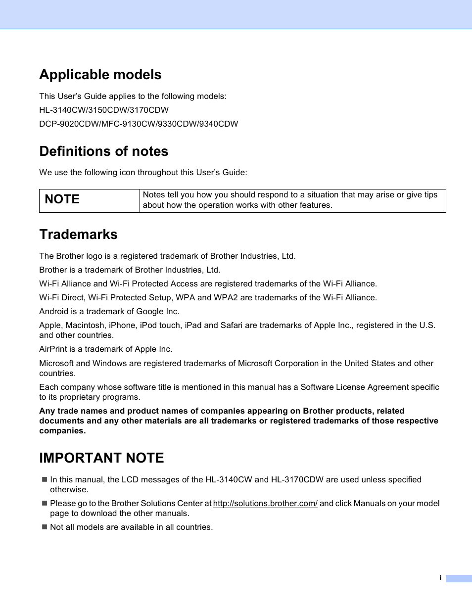 Applicable models, Definitions of notes, Trademarks | Important note | Brother MFC-9130CW User Manual | Page 2 / 25