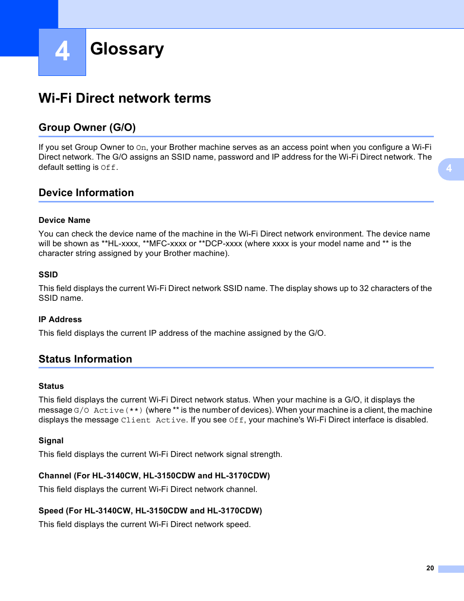 4 glossary, Wi-fi direct network terms, Group owner (g/o) | Device information, Status information, Glossary | Brother MFC-9130CW User Manual | Page 23 / 25