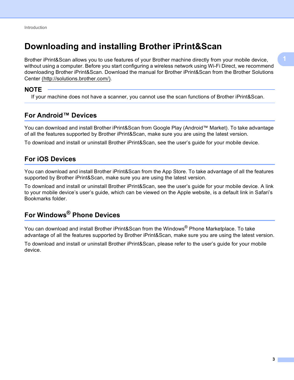 Downloading and installing brother iprint&scan, For android™ devices, For ios devices | For windows® phone devices, For android™ devices for ios devices for windows, Phone devices, For windows | Brother MFC-9130CW User Manual | Page 6 / 25