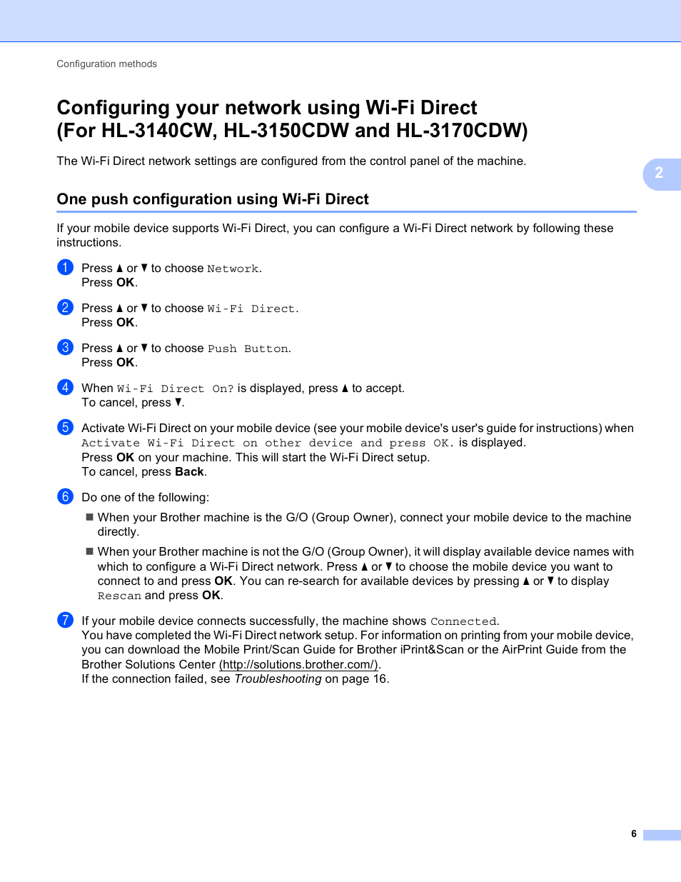 One push configuration using wi-fi direct, Configuring your network using wi-fi direct, For hl-3140cw, hl-3150cdw and hl-3170cdw) | Brother MFC-9130CW User Manual | Page 9 / 25