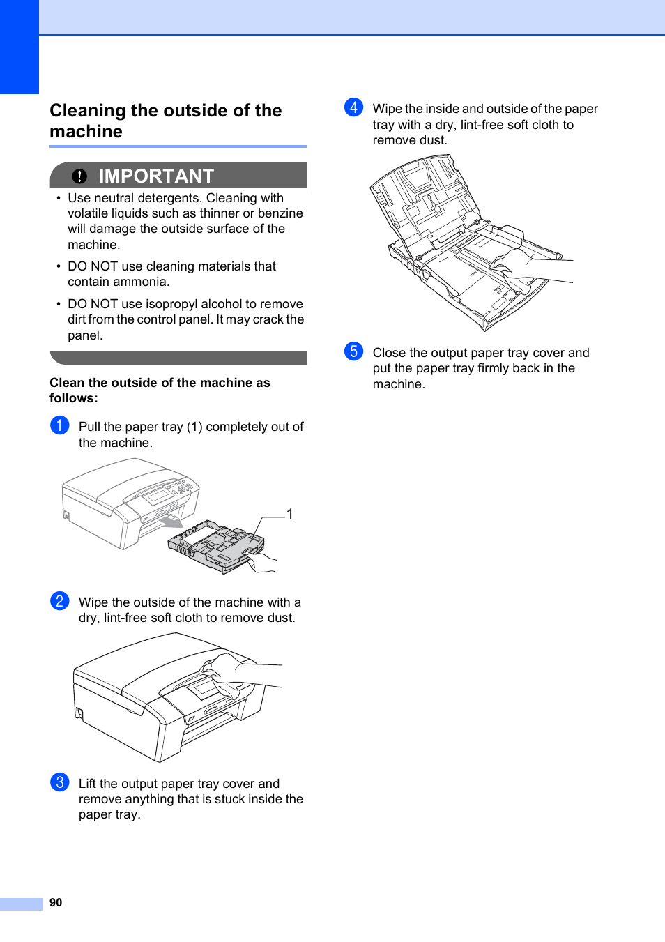 Cleaning the outside of the machine, Important | Brother DCP-395CN User Manual | Page 102 / 140