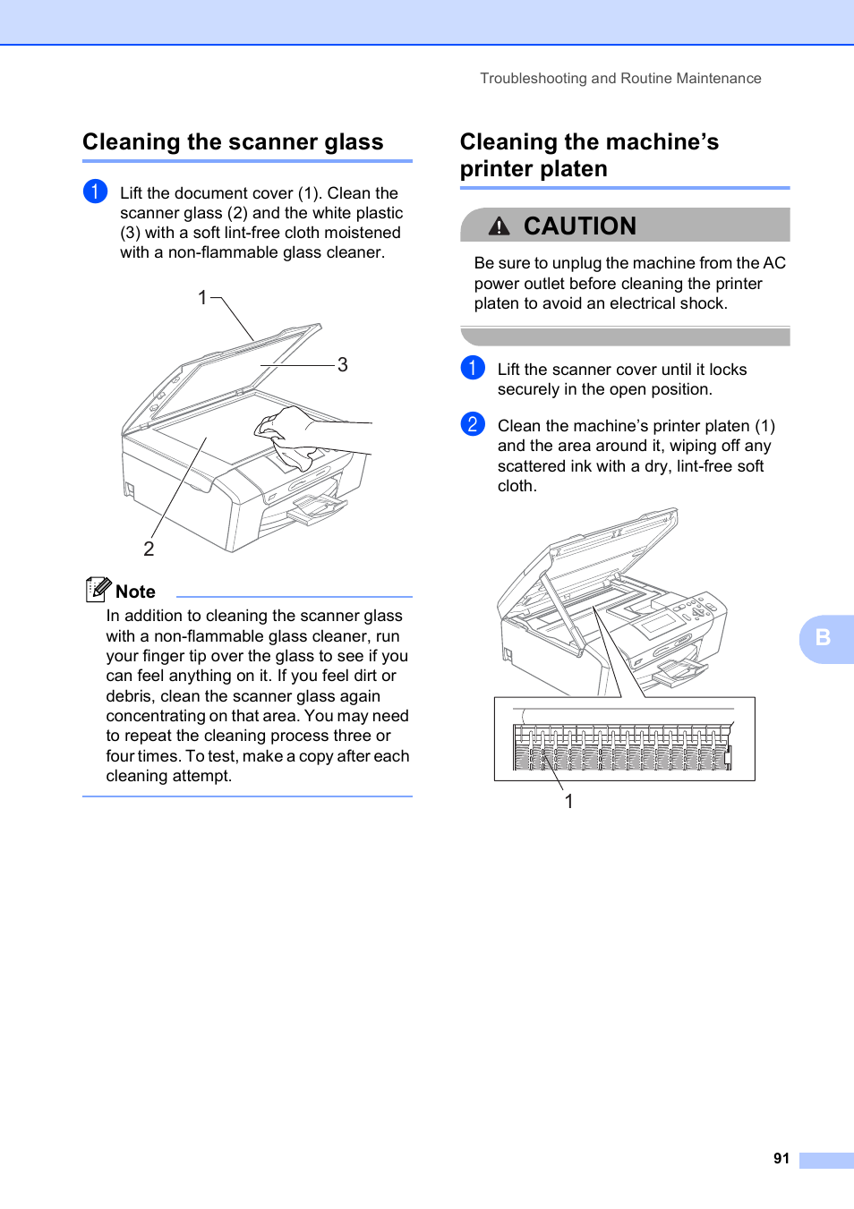 Cleaning the scanner glass, Cleaning the machine’s printer platen, Caution | Bcleaning the scanner glass | Brother DCP-395CN User Manual | Page 103 / 140