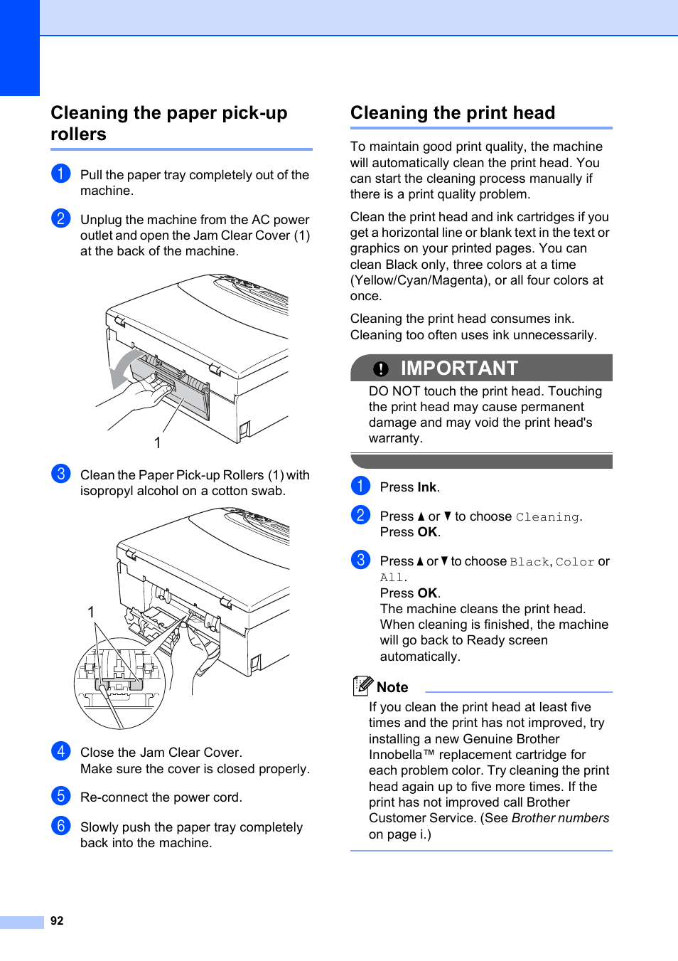 Cleaning the paper pick-up rollers, Cleaning the print head, Important | Brother DCP-395CN User Manual | Page 104 / 140
