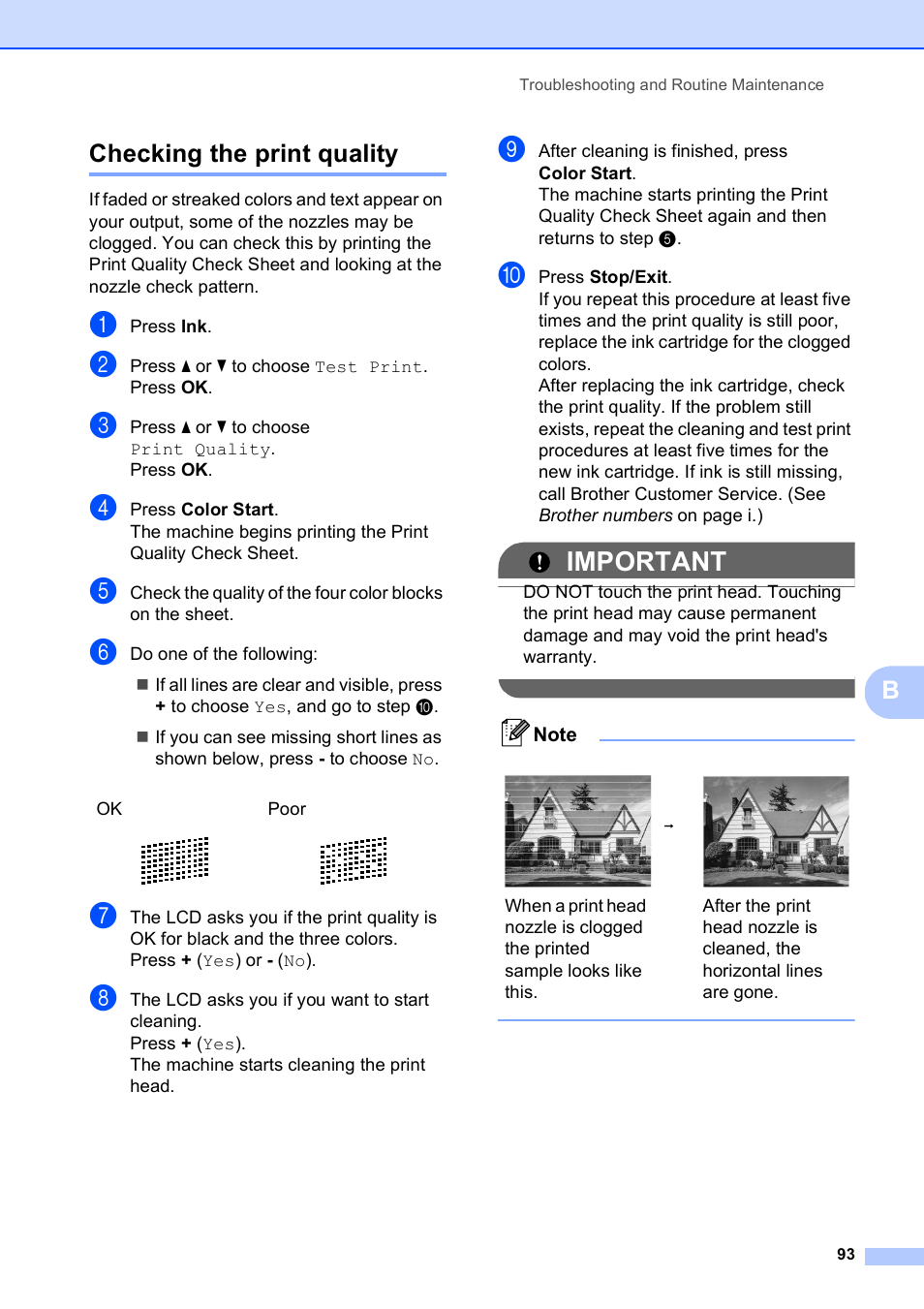 Checking the print quality, Important, Bchecking the print quality | Brother DCP-395CN User Manual | Page 105 / 140