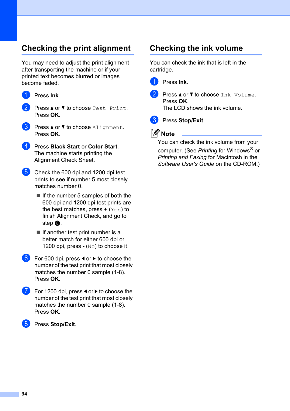 Checking the print alignment, Checking the ink volume | Brother DCP-395CN User Manual | Page 106 / 140