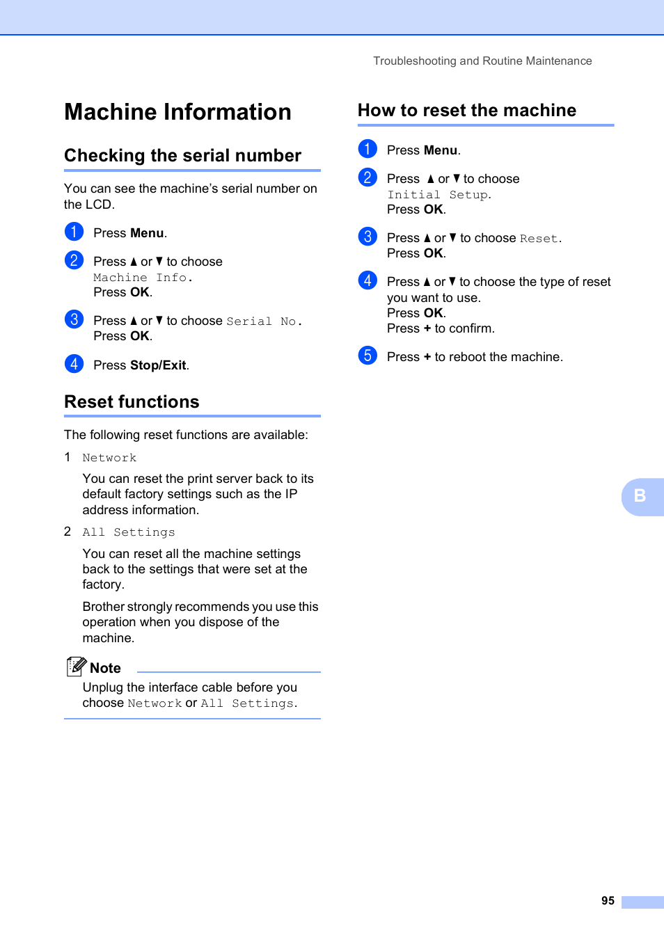 Machine information, Checking the serial number, Reset functions | How to reset the machine | Brother DCP-395CN User Manual | Page 107 / 140