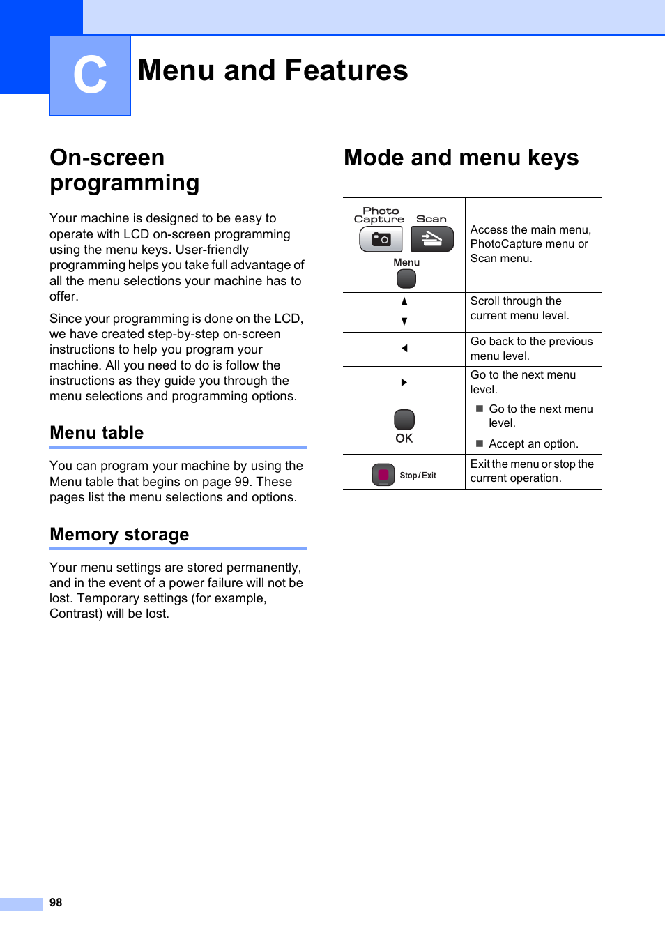 C menu and features, On-screen programming, Menu table | Memory storage, Mode and menu keys, Menu and features, Menu table memory storage | Brother DCP-395CN User Manual | Page 110 / 140