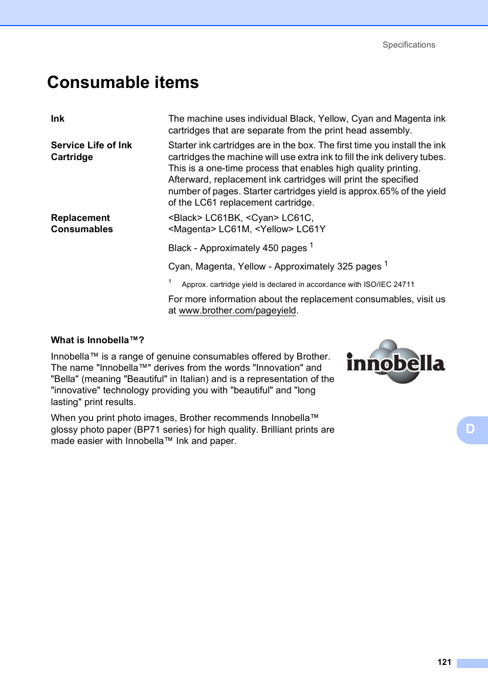 Consumable items | Brother DCP-395CN User Manual | Page 133 / 140