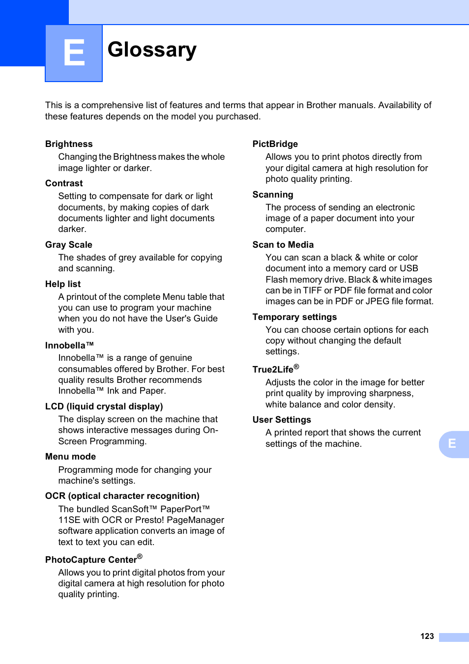 E glossary, Glossary | Brother DCP-395CN User Manual | Page 135 / 140