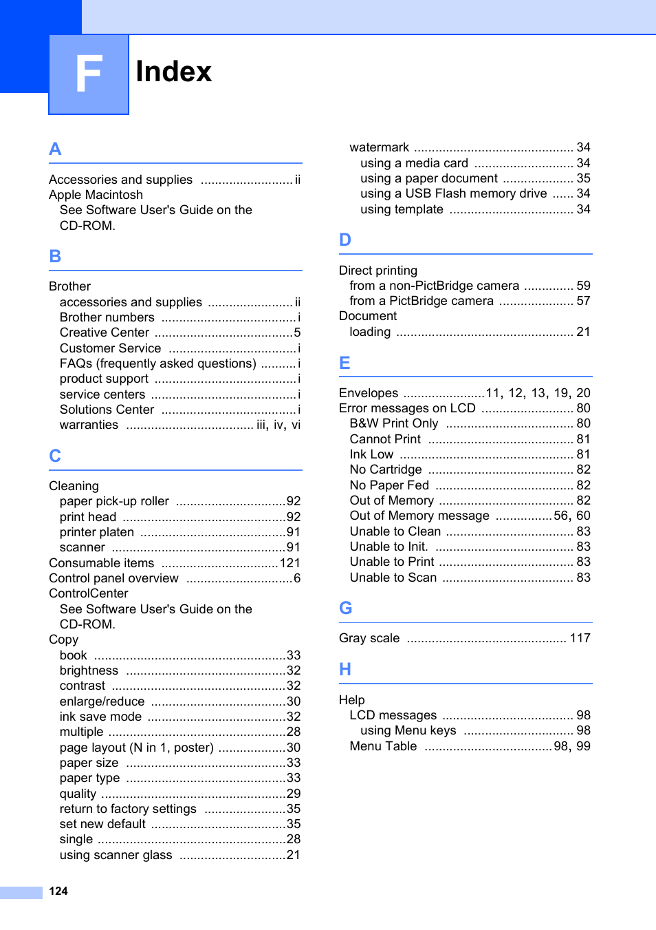 Index | Brother DCP-395CN User Manual | Page 136 / 140
